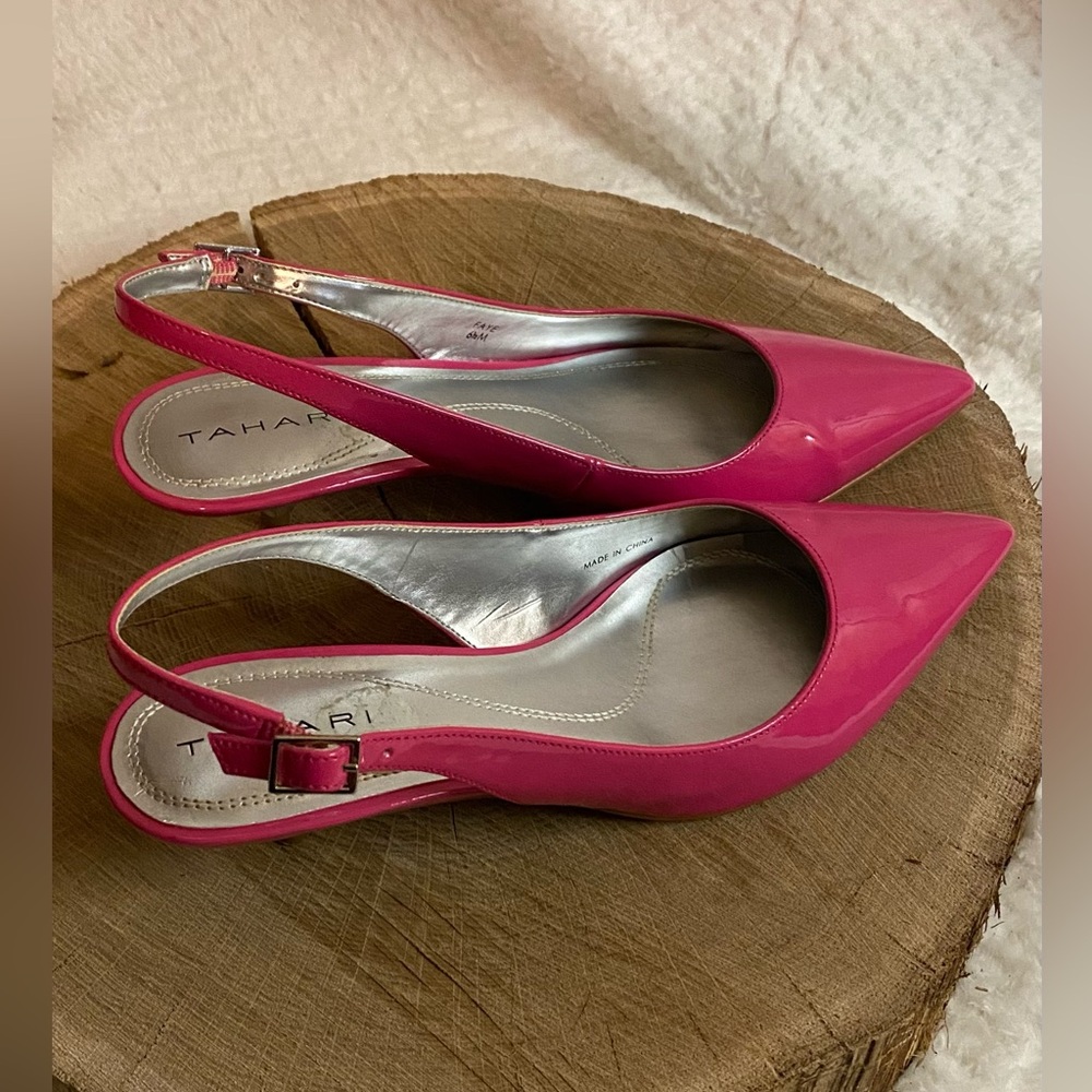 Glossy Fuschia Sling Back Pointy Toe Kitten Heel Shoes